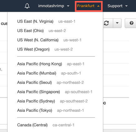 AWS region menu