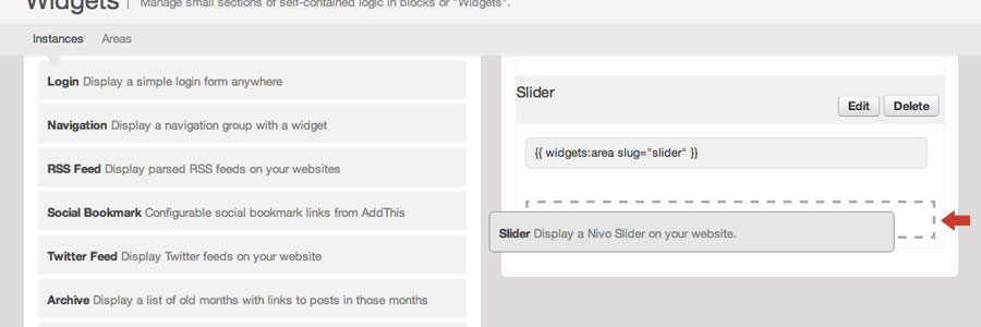 Return to the Widgets Instances section and drag the Slider widget into your new Slider area.