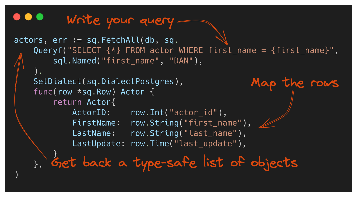 code example of a select query using sq, to give viewers a quick idea of what the library is about