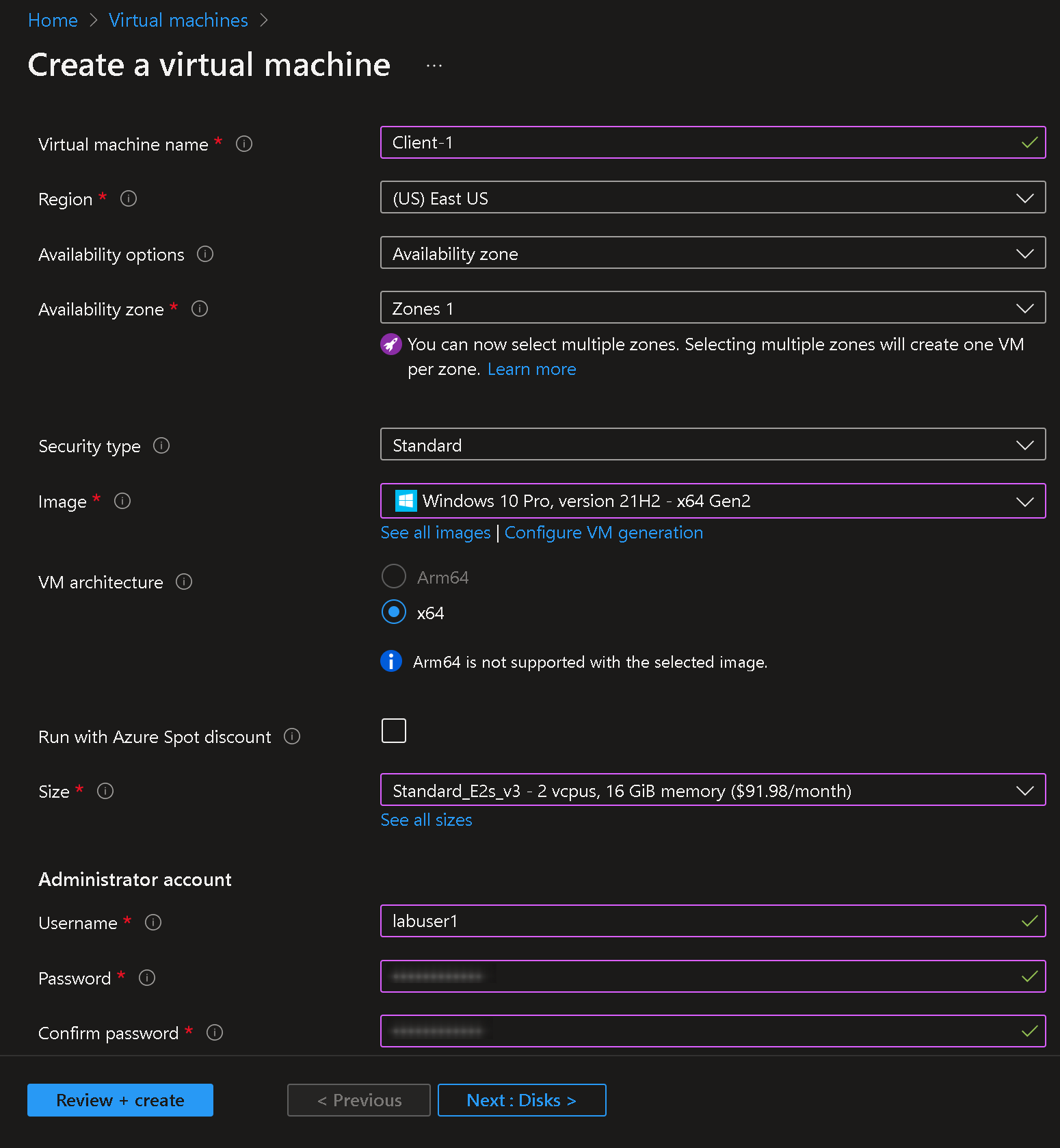 client 1 vm settings