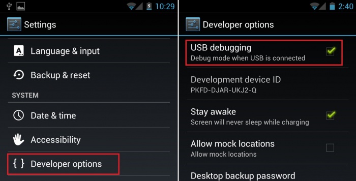 USB Debugging Menu example and where to click