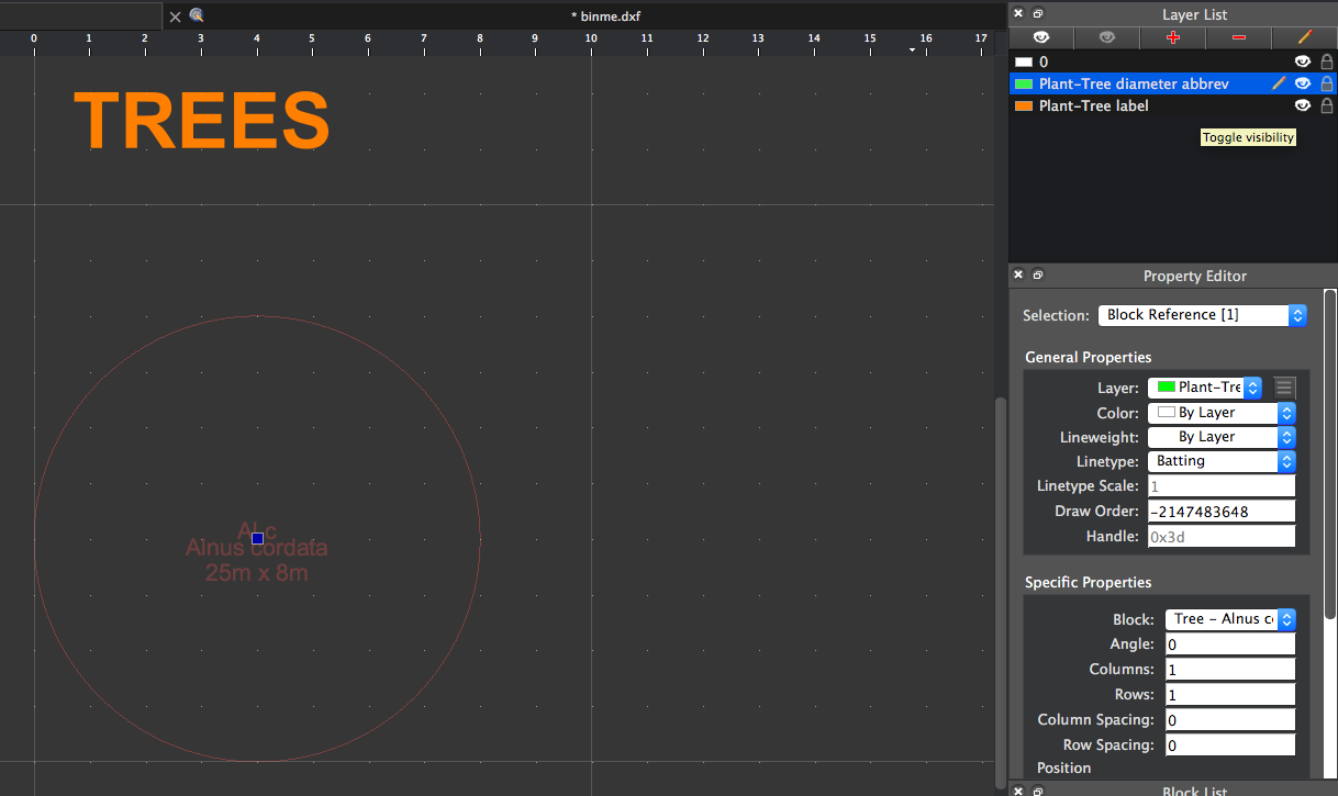 Screenshot of plant diameter, abbrev and label in CAD