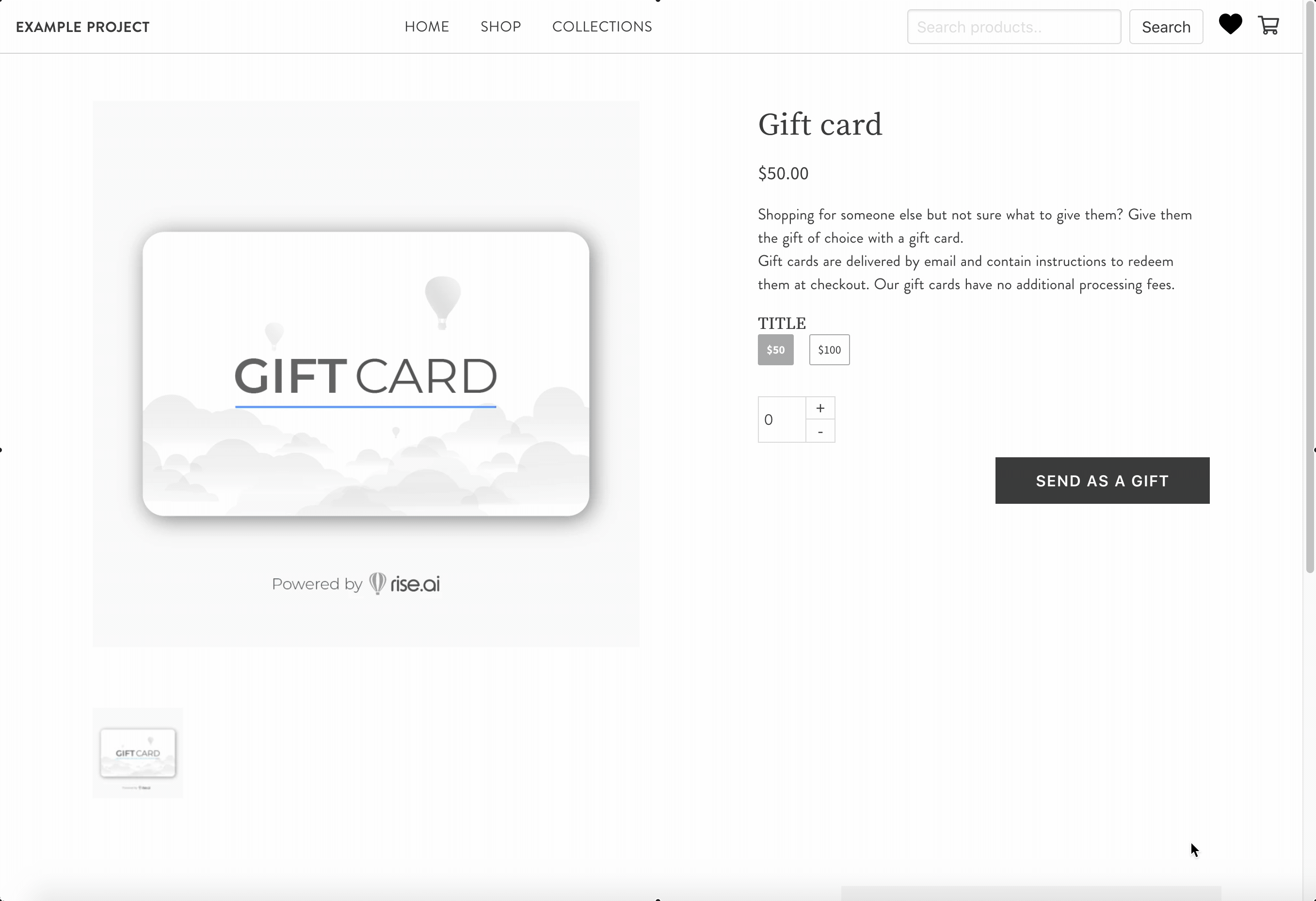 Animation of Rise.ai gift card add-to-cart flow