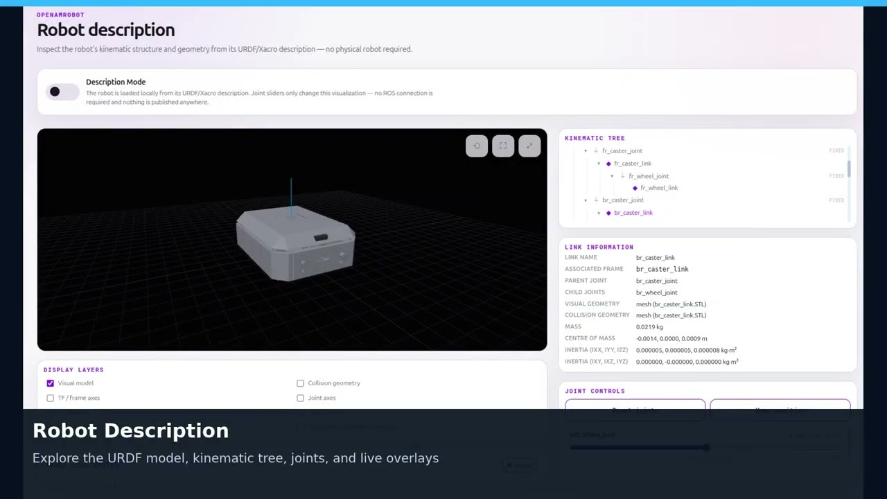 OpenAMRobot UI feature tour: map, robot pose, joystick and telemetry in the browser
