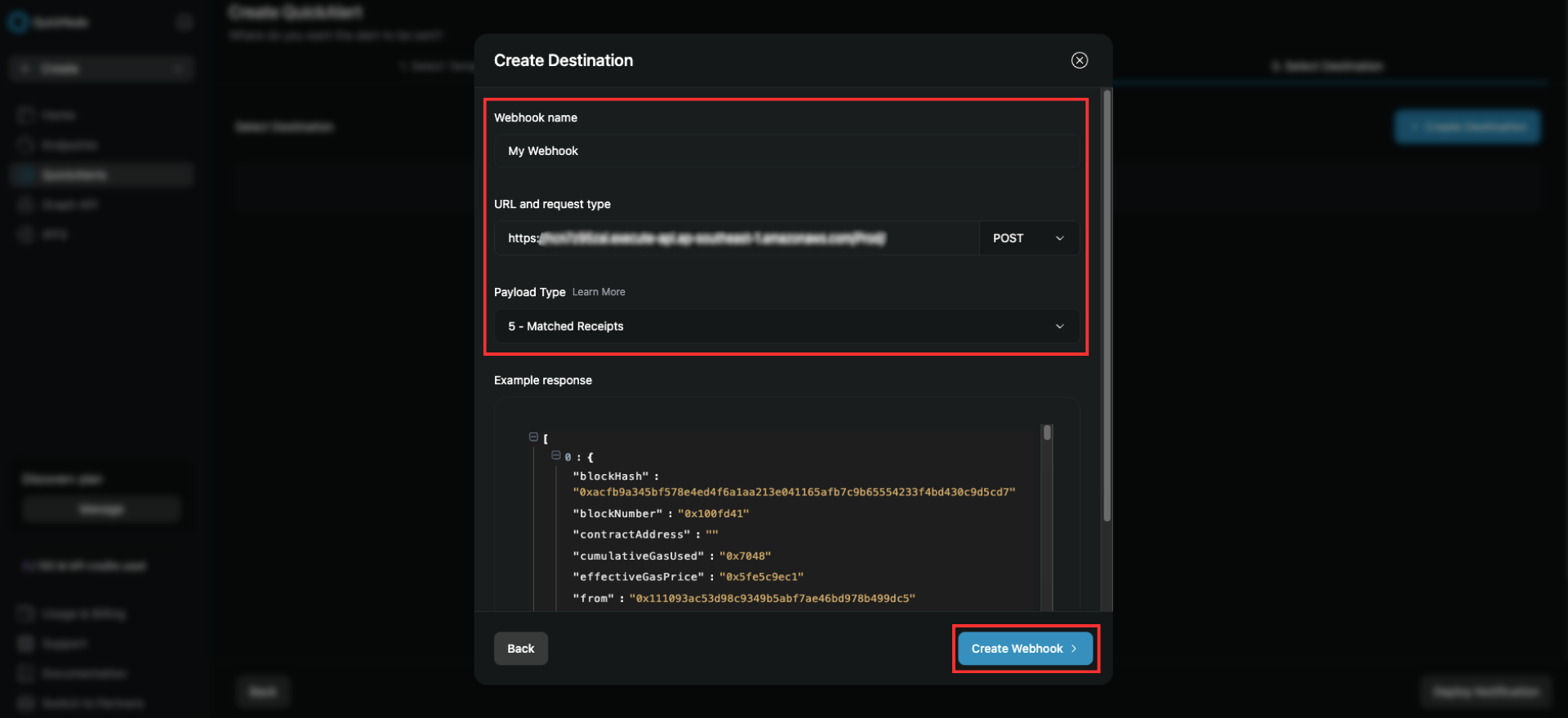 Configure webhook name, URL, request type, and payload type