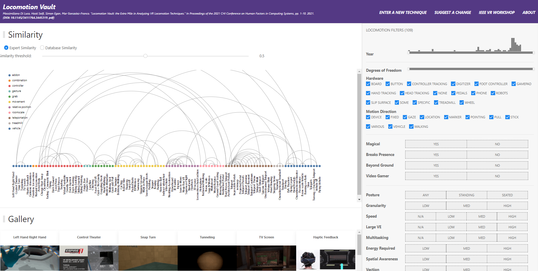 Locomotion Vault screenshot shows a number of locomotion techniques mapped, demonstrated, and filtered.