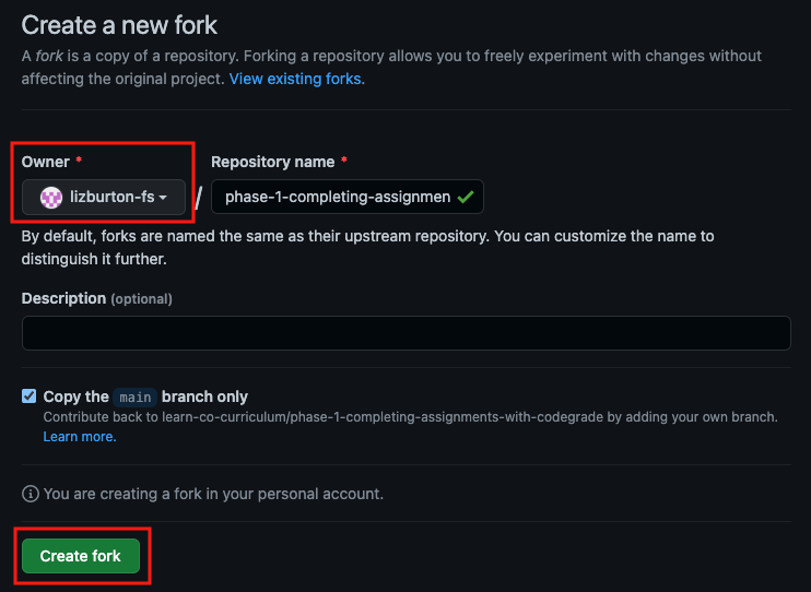 Screenshot of the 'Create a new fork' form