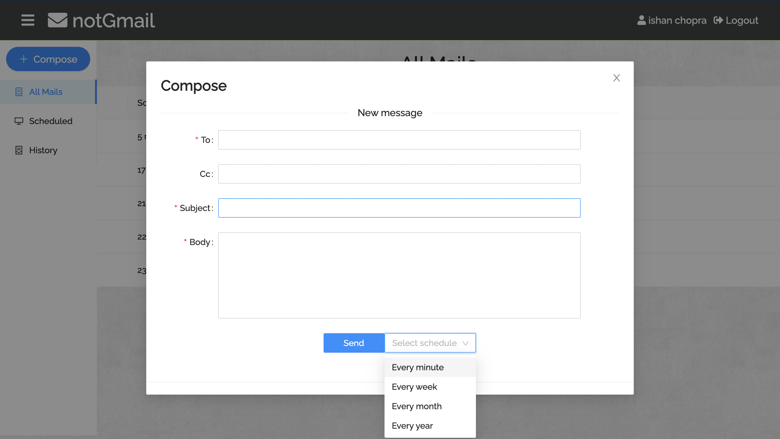 Compose email pop-up