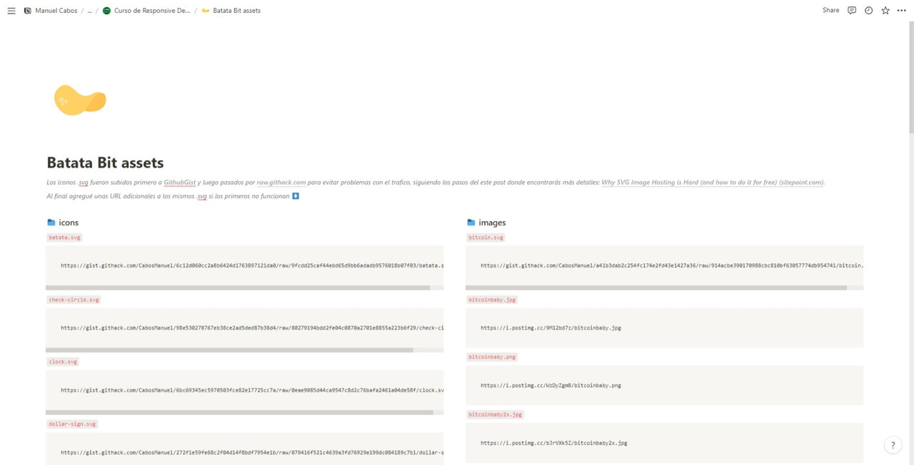 Screenshot of Batatabit assets in Notion