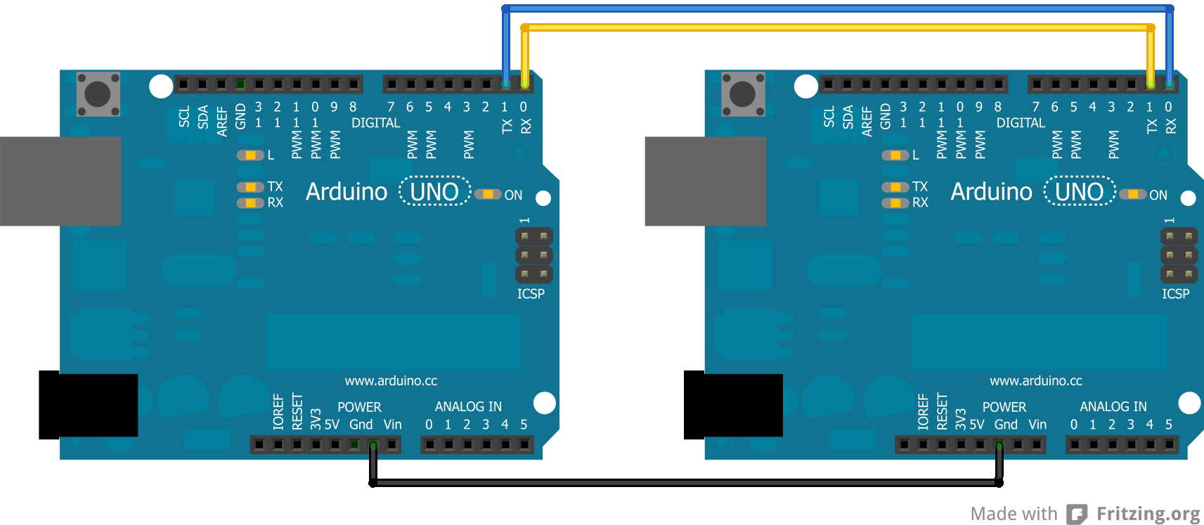 circuit for communication Arduino-Arduino  through the serial ports (RX and TX)