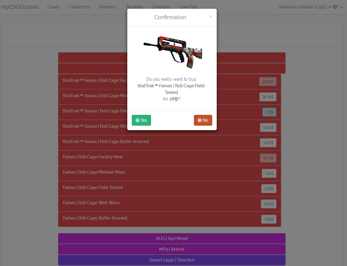 Modal window before buying skin