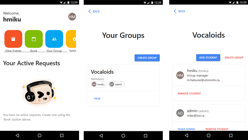 Dashboard, groups page