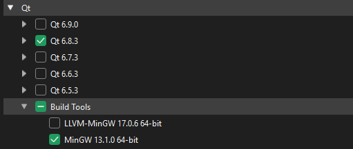 Selecting "Qt 6,8,3 and MinGW 13.1.0 64-bit"