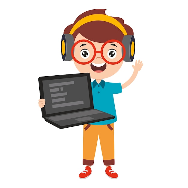 A boy with headphones holding a laptop.