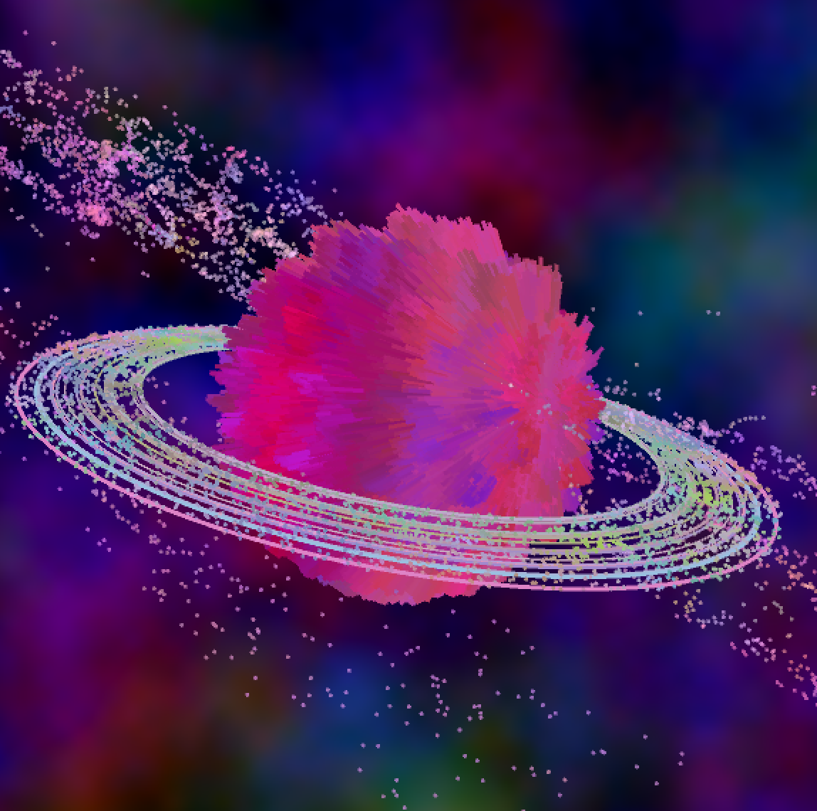 Mandelbulb planet with rings, on a colorful background