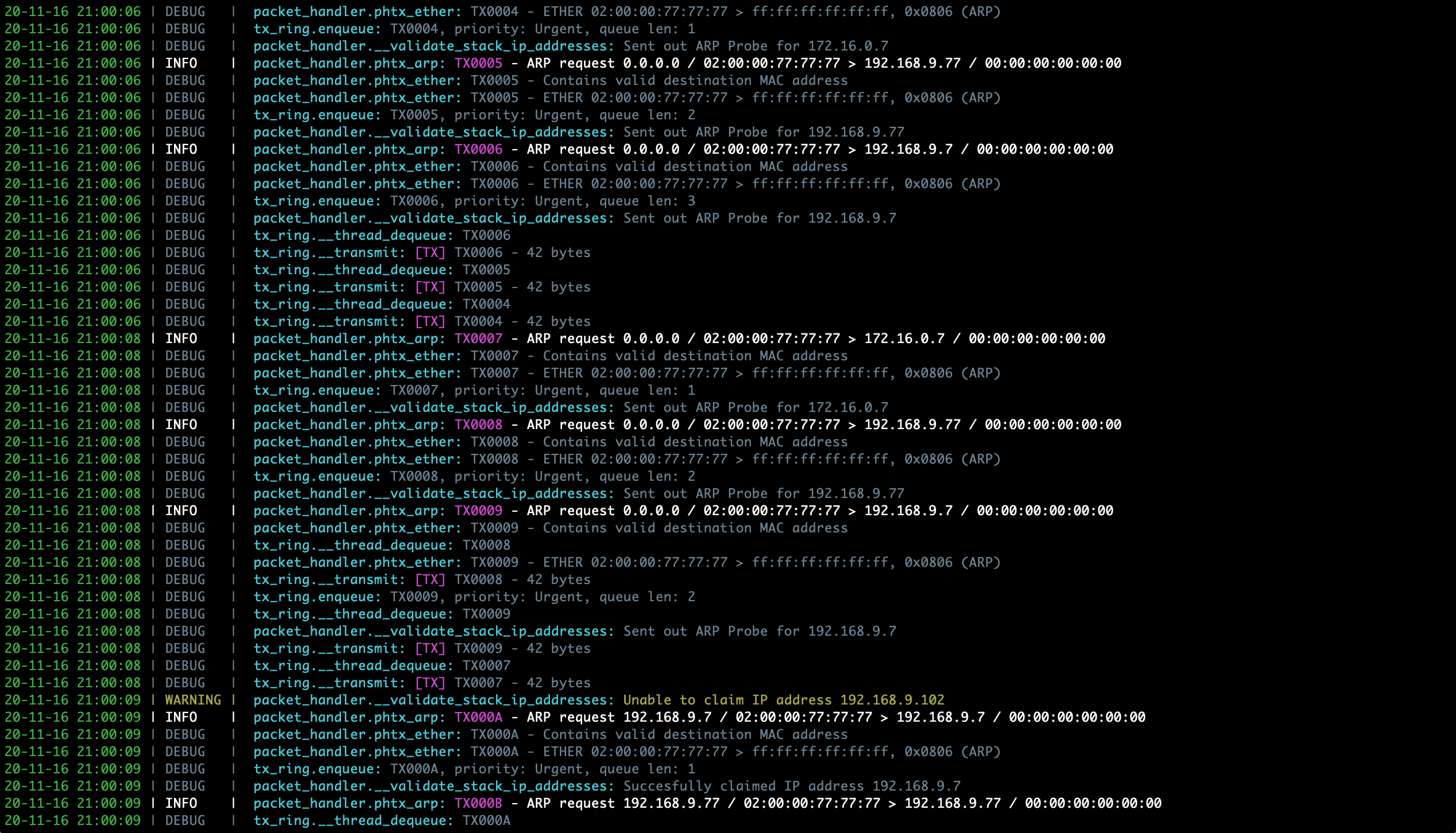 Sample PyTCP log output