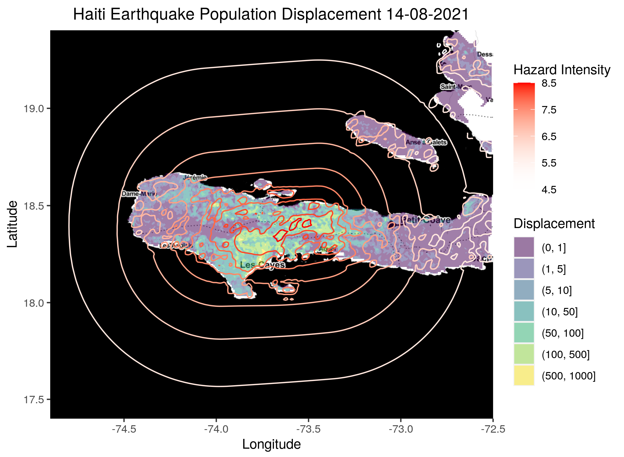 Figure 2: an example of ODDRIN output - a surface plot of the predicted displaced population from the Haiti earthquake on the 14/08/2021, including contour lines of the earthquake shakemap intensity (MMI)