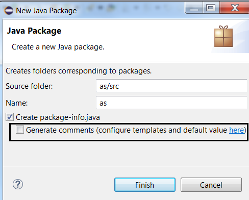 package info comment generation checkbox