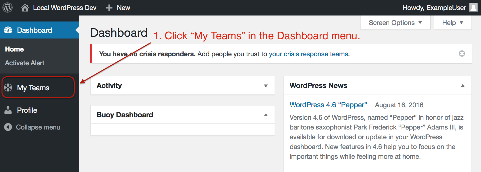 Annotated screenshot showing the WordPress Dashboard after initial account registration.