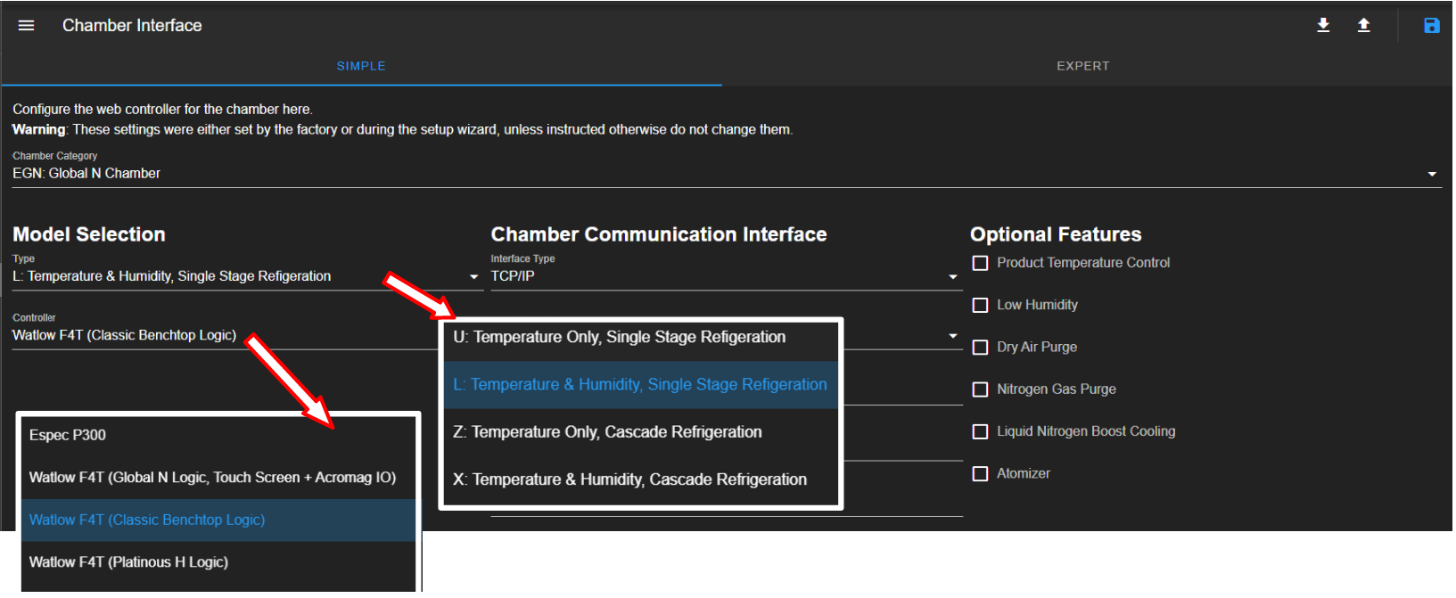 Model type and controller configuration