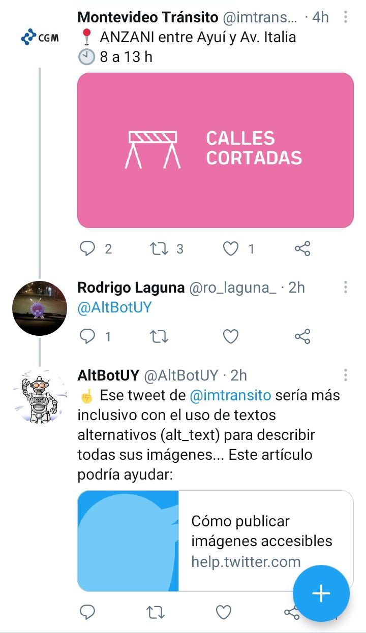 Captura de pantalla del tweet anterior que muestra un Tweet de Montevideo tránsito, un usuario contesta arrobando al bot y luego el bot contesta indicando que no hay alt_texts en las imágenes de ese tweet de Montevideo tránsito