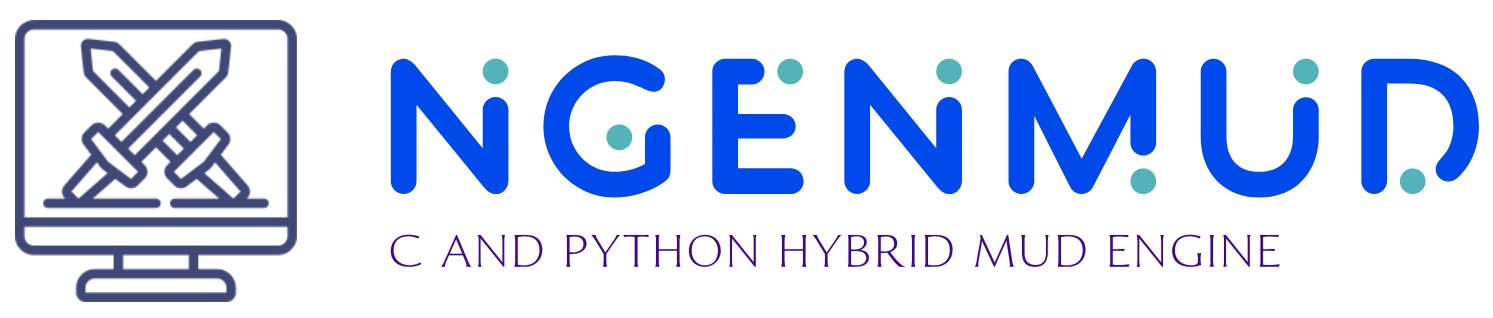 Logo of computer with crossed swords and stylized NGenMud with caption: C and Python Hybrid Mud Engone