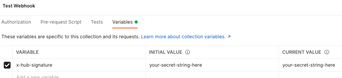 Add API token (secret-string) as Postman environment variable