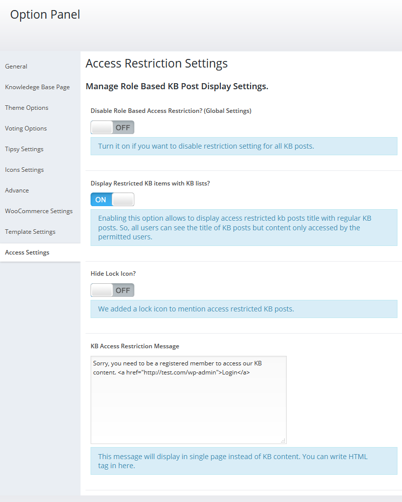 Options panel