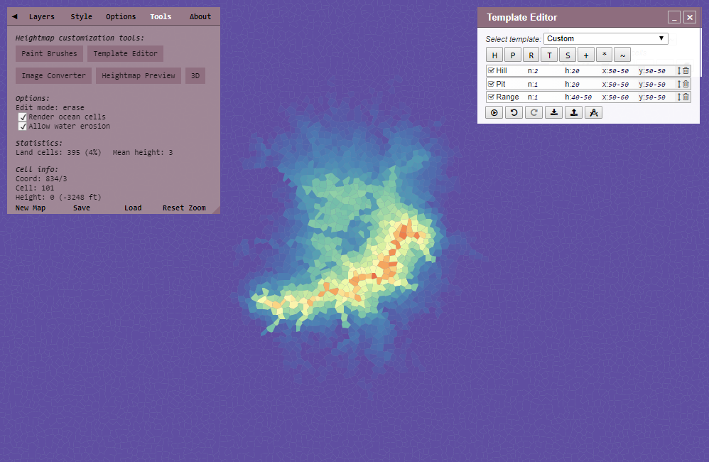 Heightmap showing two hills, a pit, and a range.