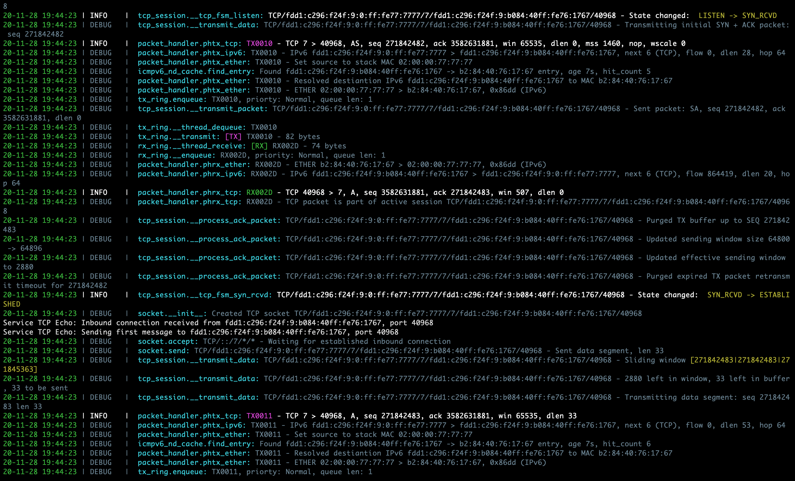 Sample PyTCP log output