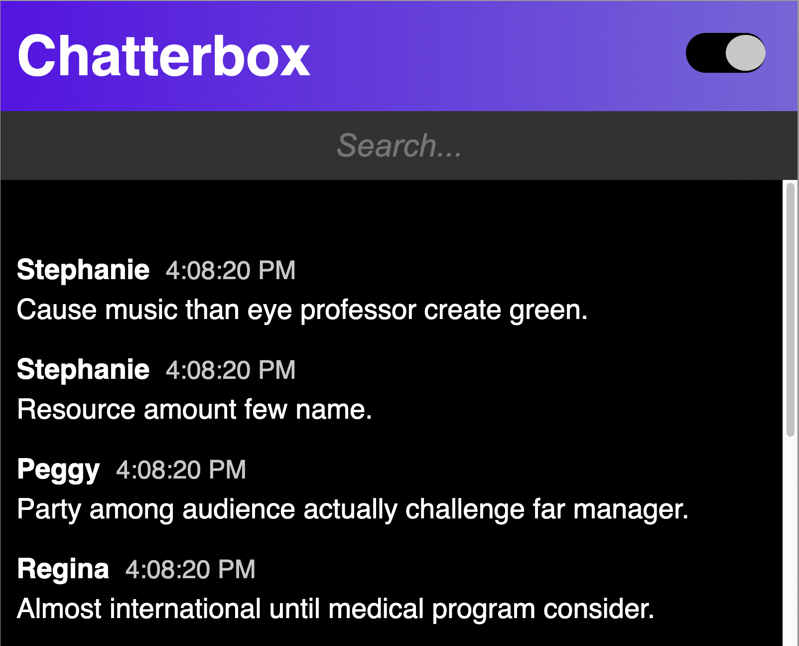 screenshot of chatterbox app with purple header bar and messages from several users