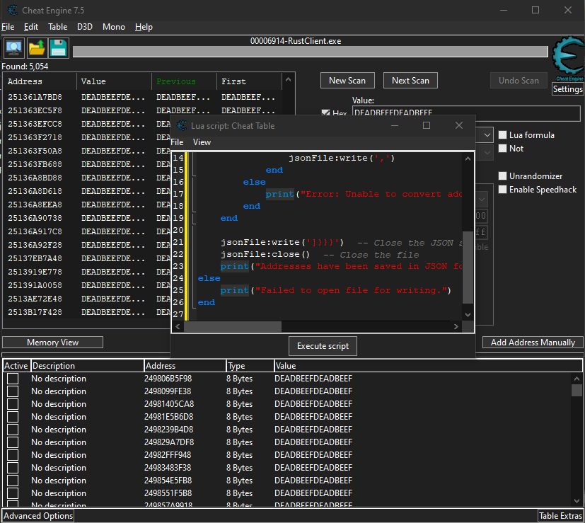 Executing the Lua Script to Dump Addresses to json.txt