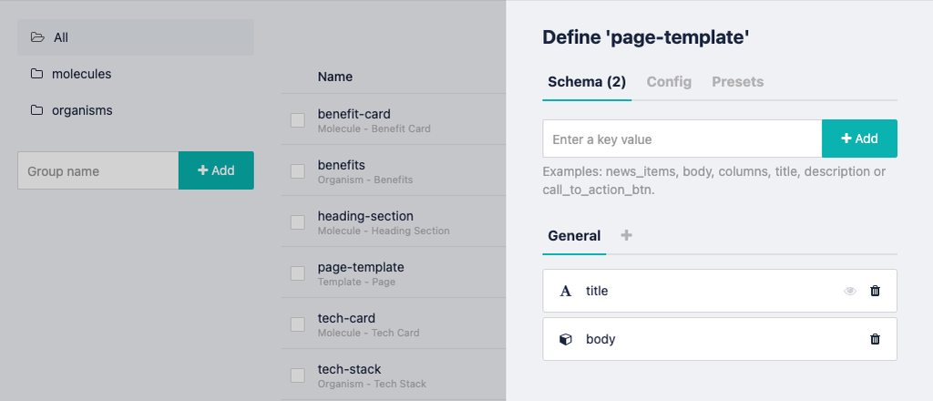 Page template Storyblok schema