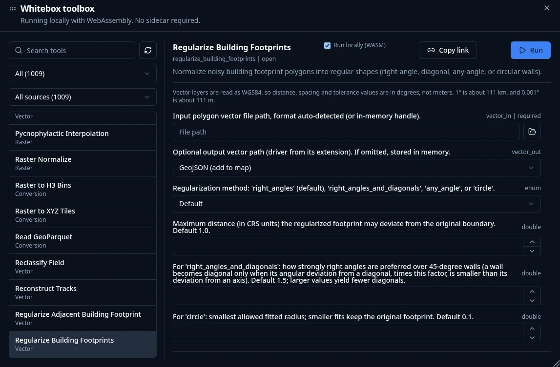 The GeoLibre Whitebox toolbox running locally with WebAssembly, listing the full catalog of 1,000+ tools with the Regularize Building Footprints tool selected