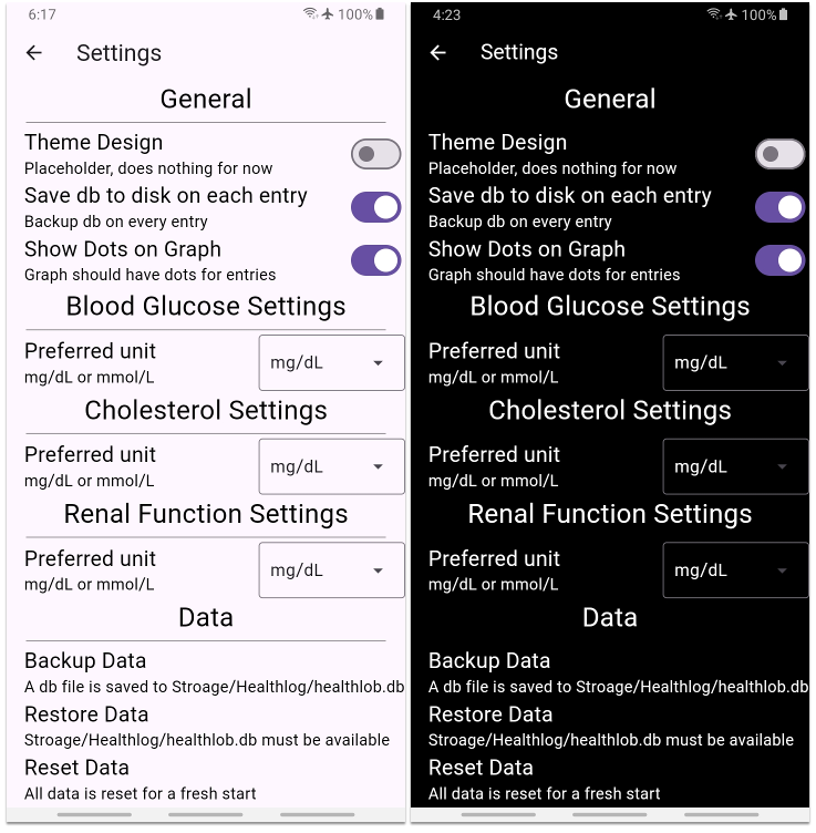 Settings screen for the app