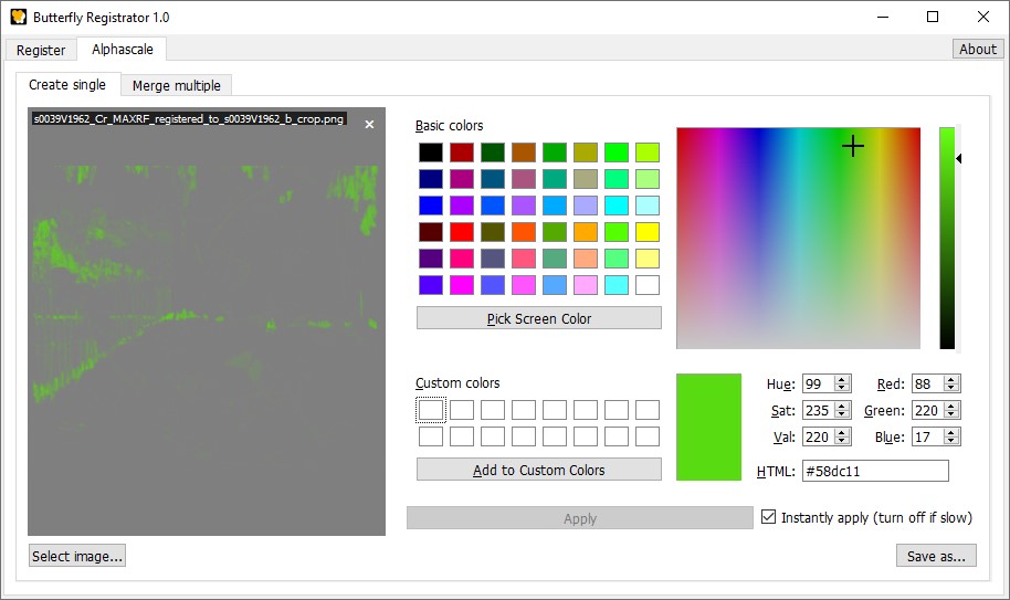 Screenshot of the Butterfly Registrator showing the alphascale converter.