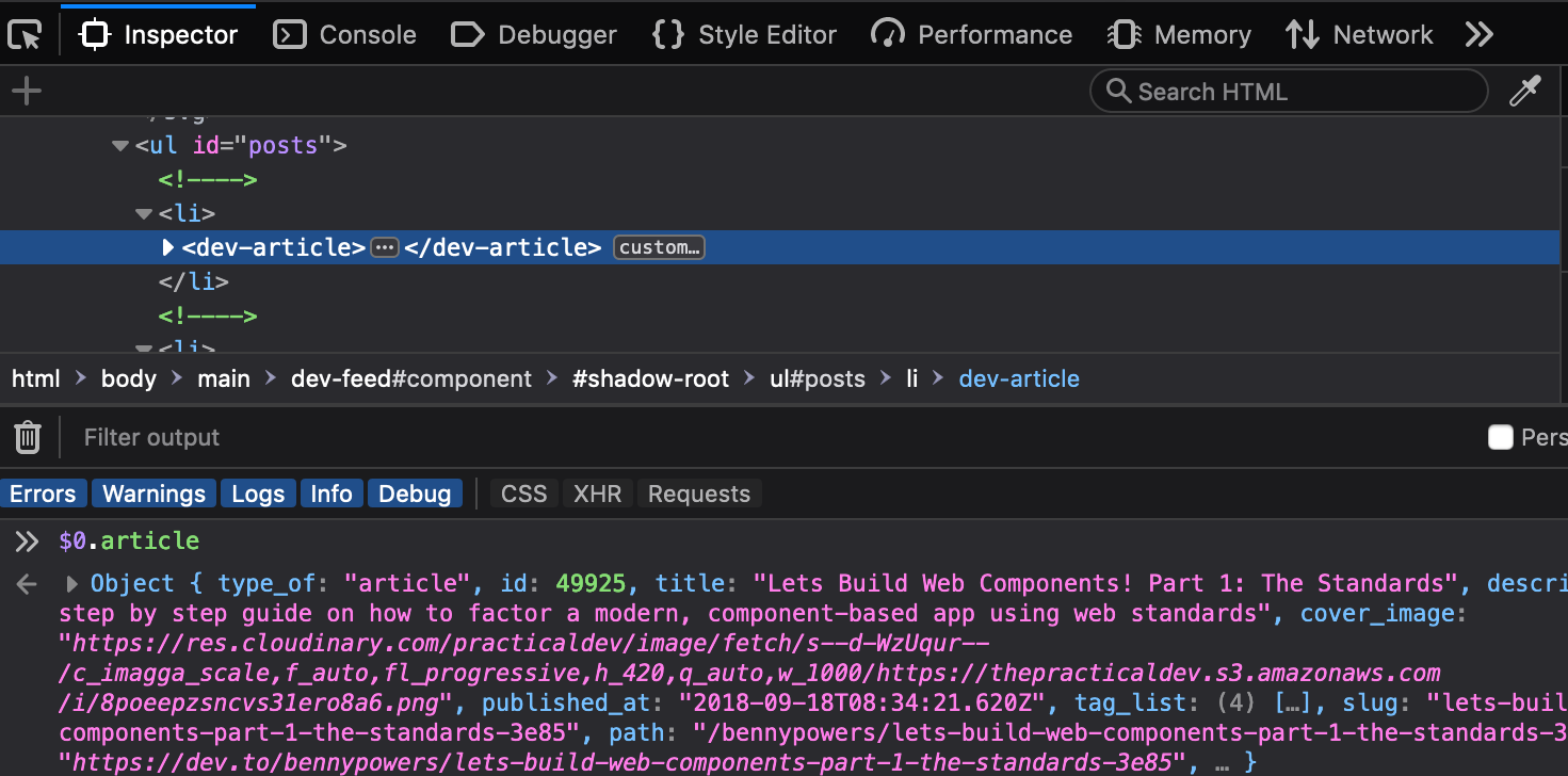 Screenshot from Firefox Dev Tools Showing the article DOM property of a dev-article element