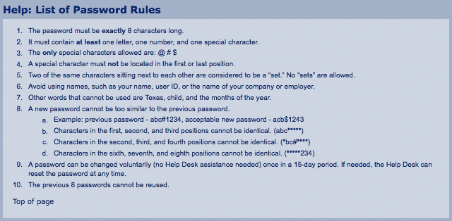 password requirements