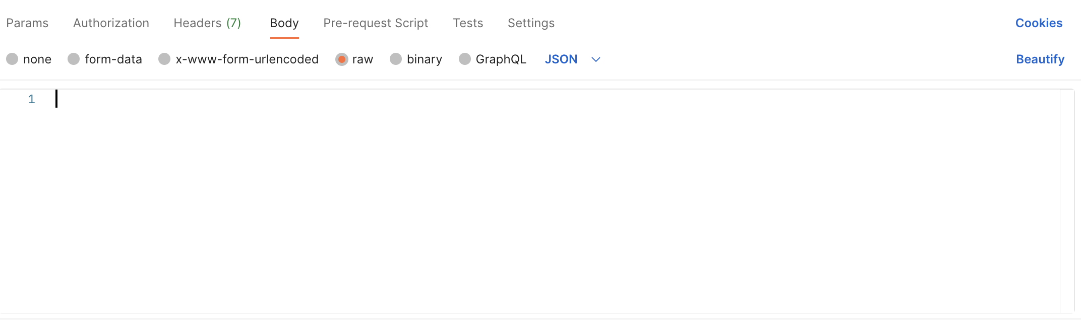An empty text box beginning with a 1. Options for input type are above the text box, including "form-data" and "raw".