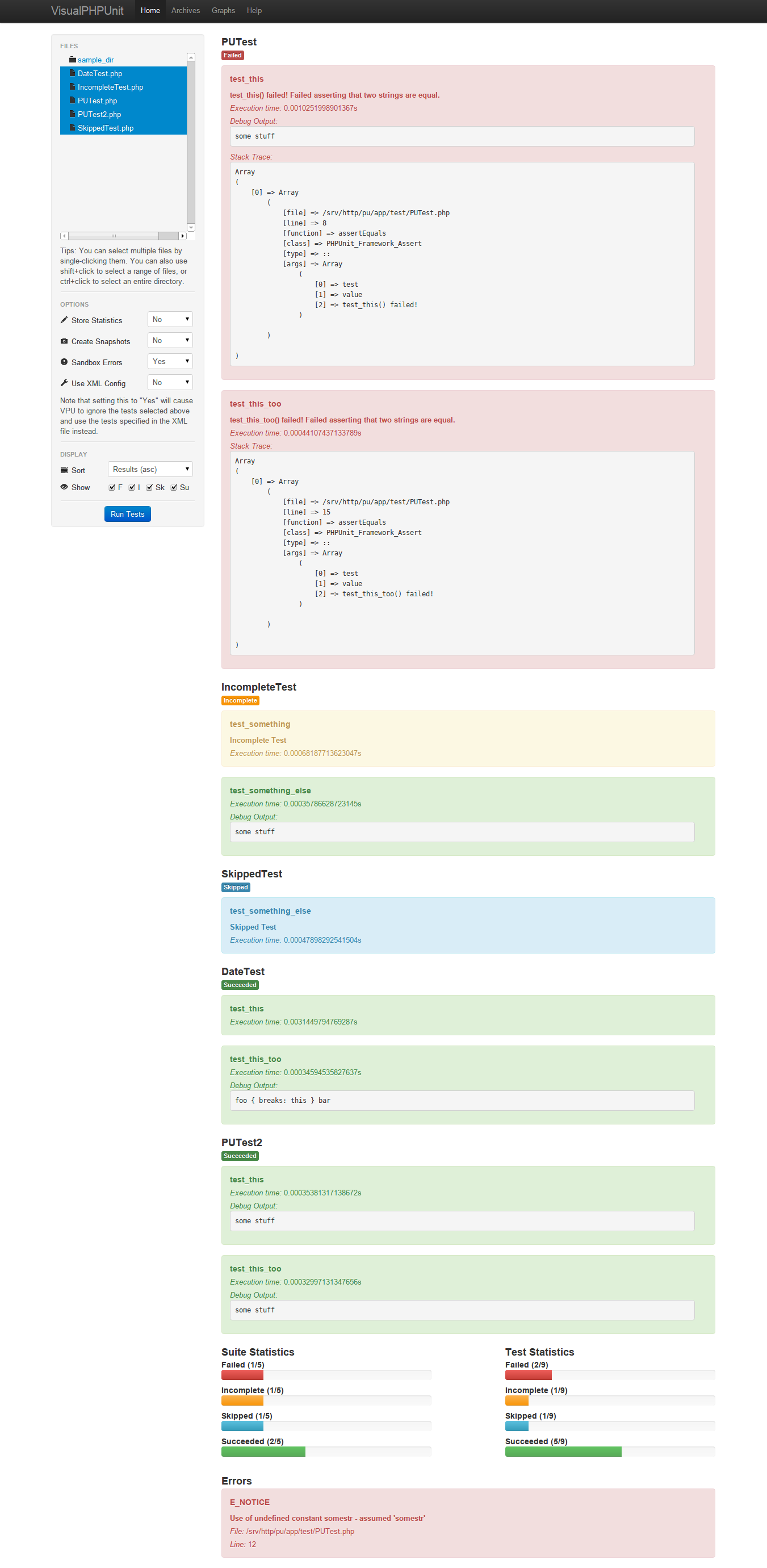 Screenshot of VisualPHPUnit, displaying a breakdown of test results.