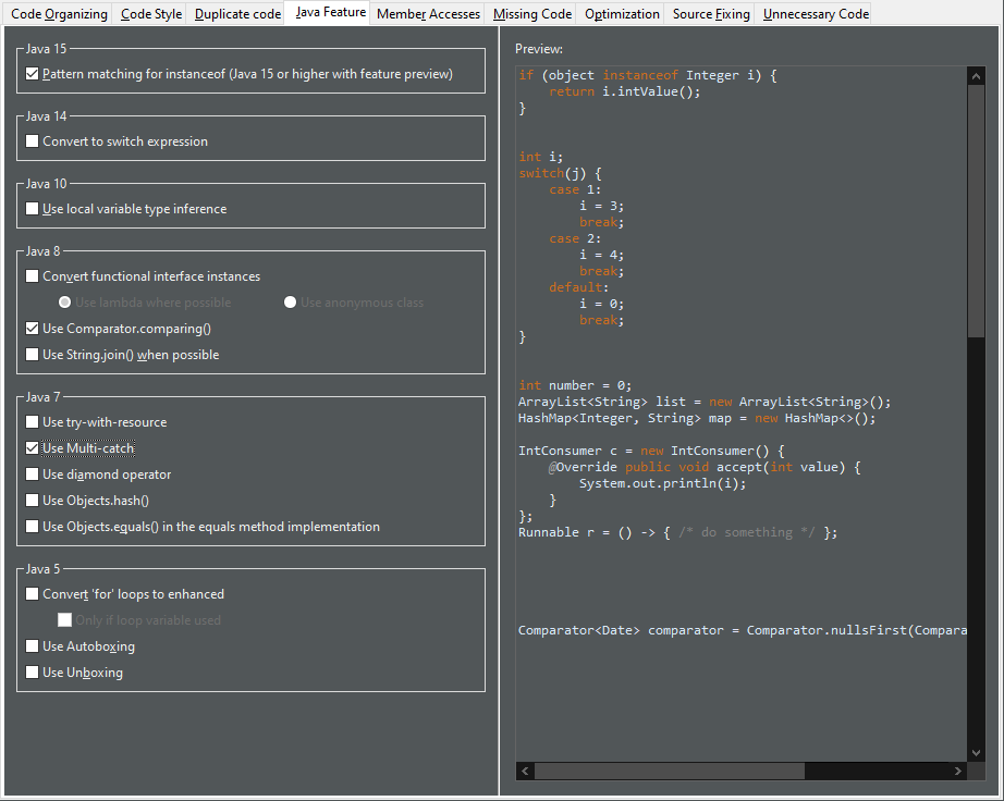 java feature preferences