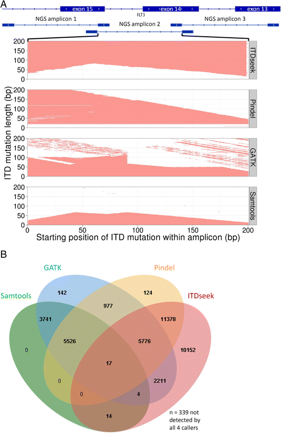 FLT3 ITD detection performance of ITDseek, Pindel, GATK HaplotypeCaller and Samtools