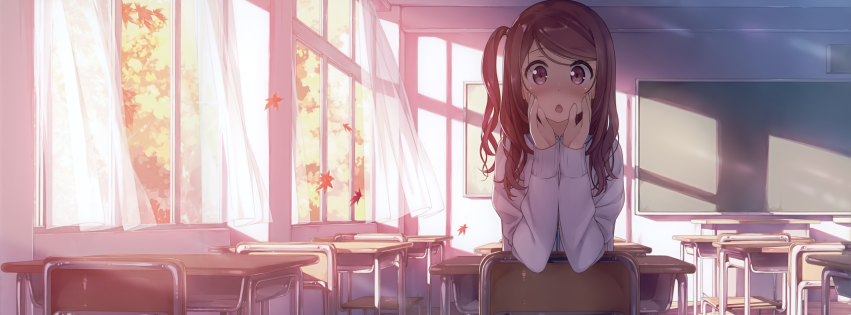 Cute anime girl in classroom.