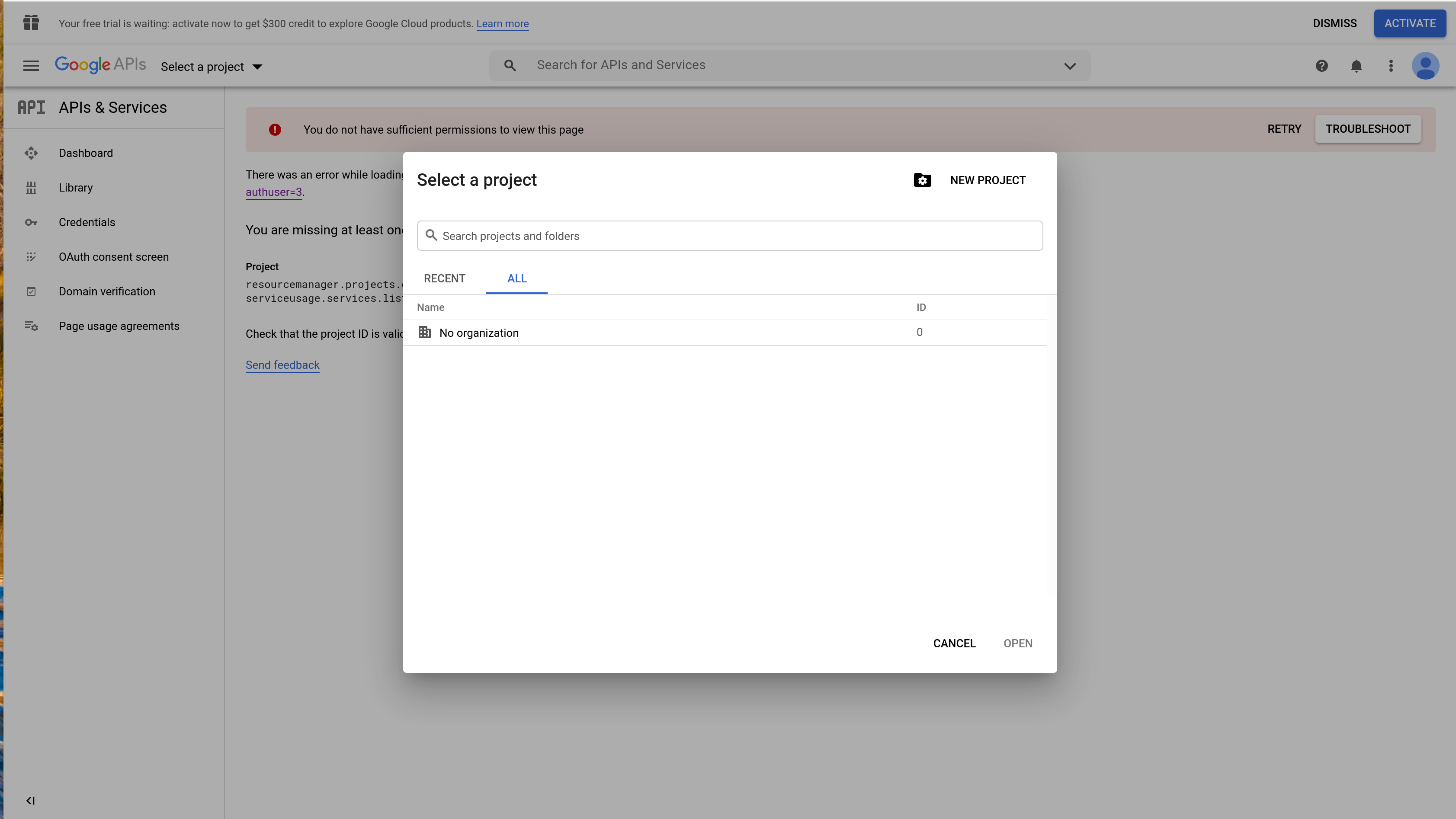 Google API Project Selection Dialog