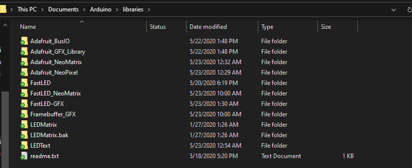 An example of the folder structure of the Arduino IDE libraries folder on Windows