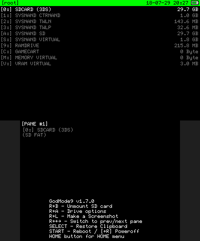 The GodMode9 root screen