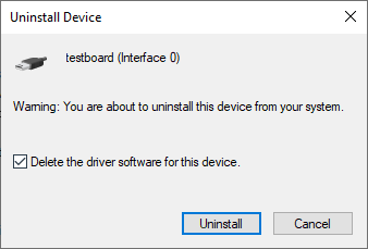 The Device Uninstall dialog, with the "delete driver" checkbox ticked