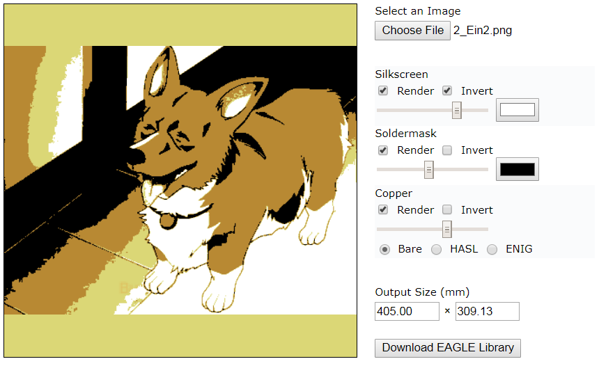 Drawing of a Pembroke Welsh Corgi processed through a threshold function and presented in orange, white and black